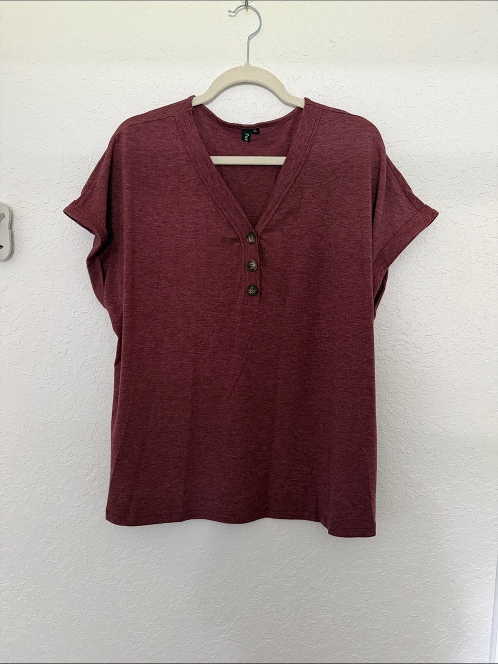 V-Neck Button Front Short Sleeve Tee - Wine